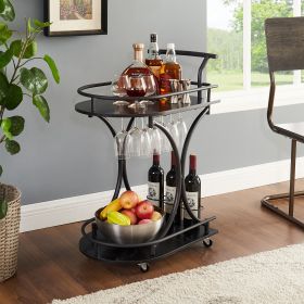 Black 2-Tier Bar Cart, Slide Bar Serving Cart, Retro Style Wine Cart for Kitchen, Beverage Cart with Wine Rack and Glass Holder, Rolling Drink Trolley